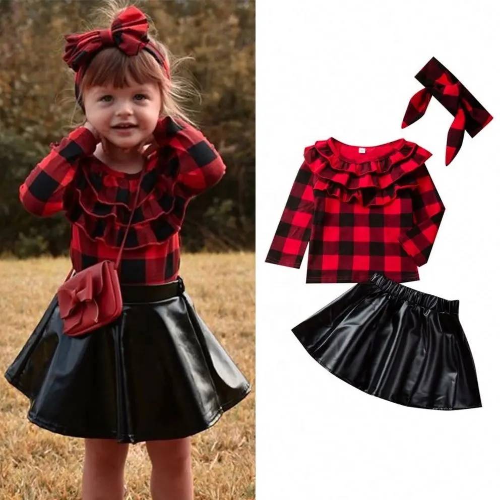 2023 Fall/Winter Little Girls Clothing Sets Fashion Kids Long sleeves Plaid shirt+Leather skirt+Headband 3Pcs Baby girl Outfit