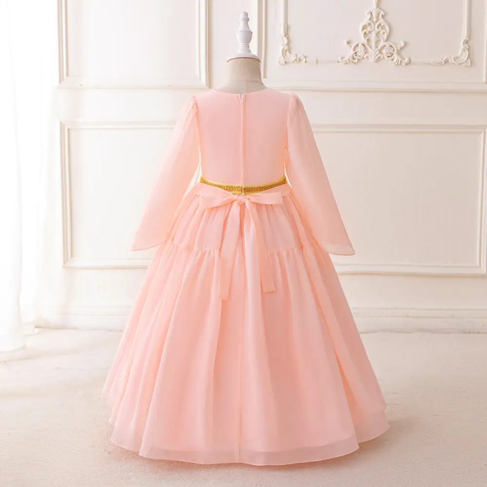 Vestido de manga larga Rosa musulmán bordado flor niña moda ropa islámica niños cumpleaños boda vestido de baile