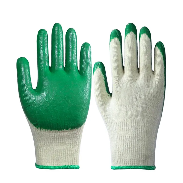 Fio de algodão natural colorido, fio de algodão verde liso revestido látex luvas de mão segurança