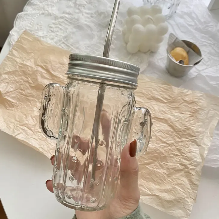 Preço barato amostras grátis 12oz 16oz cacto forma vidro mason jar com metal tampa café copo beber caneca com tampa