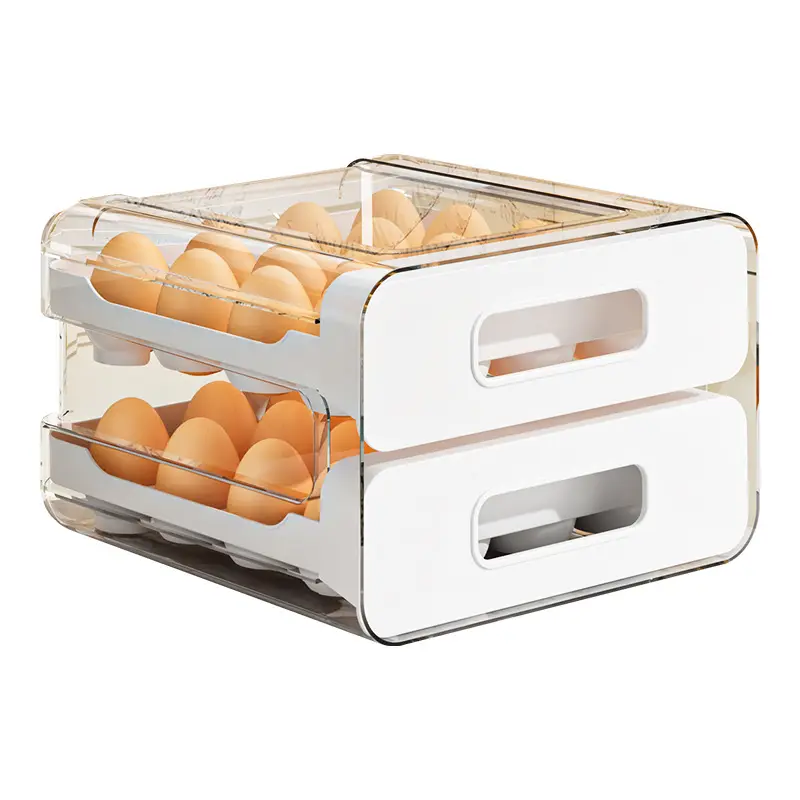 Wadah penyimpanan telur 2 lapis Laci, kotak penyimpanan telur dapat ditumpuk kapasitas 32 untuk kulkas