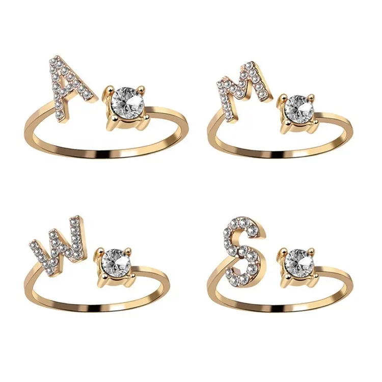 Новые модные инициальные кольца 26 дюймов, Открытый регулируемый дизайн, Женское кольцо со стразами, Золотое инициальное кольцо с буквой