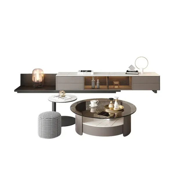 Soporte de TV de roca de madera maciza de lujo con luz nórdica YOUTAI 2024 con gabinete y juego de mesa de centro de vidrio redondo