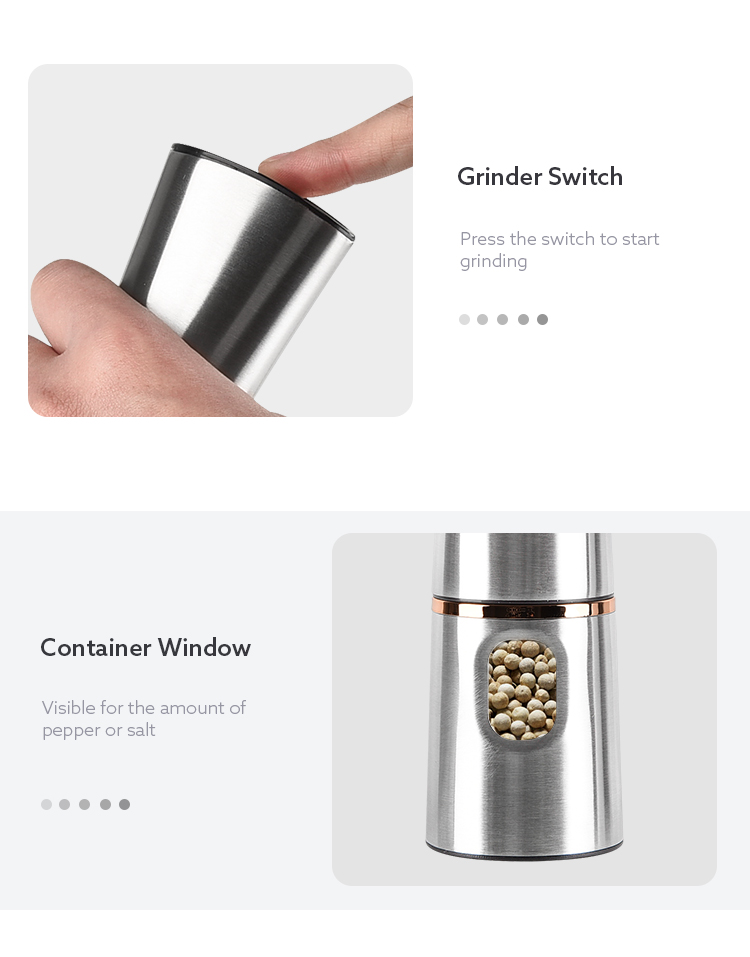 Round salt grinder electric, Good Quality customized stainless steel pepper grind with led