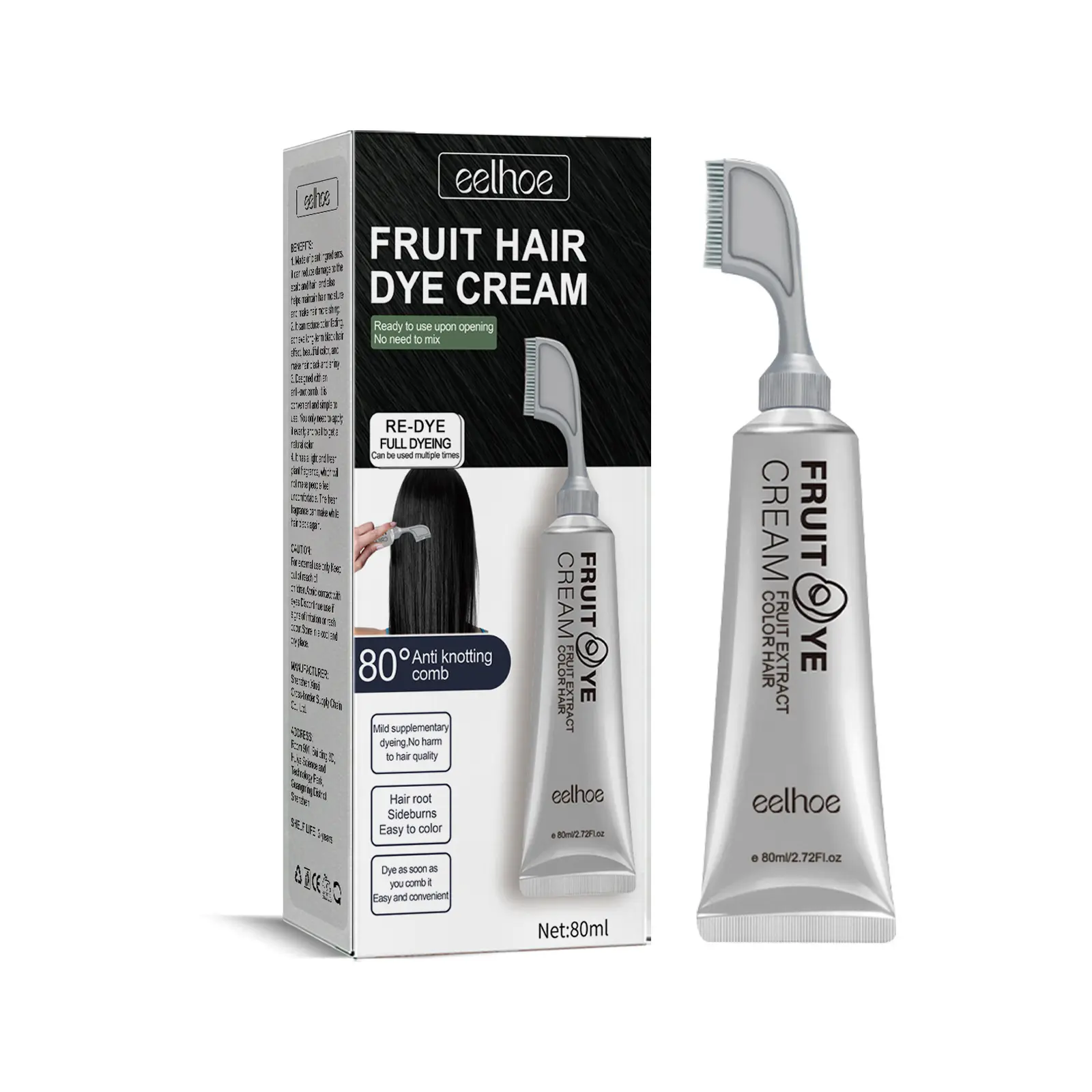 Popular extrato natural kit de creme de tintura de cabelo com pente anti-nó cuidado suave com a cor de frutas pretas e marrom