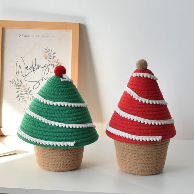 Árbol de Navidad hilo de algodón tejido escritorio snack juguetes cabecera maquillaje cesta de almacenamiento árbol de Navidad