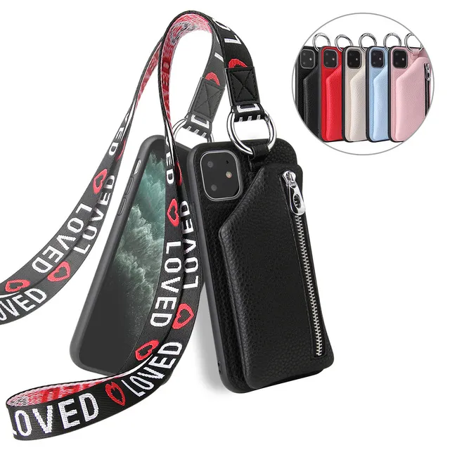 Casing dompet kartu kulit dengan tali, sarung ponsel penutup bahu telepon genggam dengan tali untuk IPhone XS Max XR 11 12 13 14 15 Pro Max