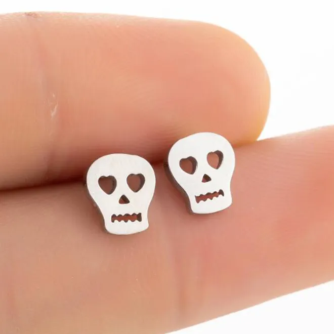 Wholesale Tarnish Free 18K Gold Silver Plated Women Ladies Stainless Steel Skull Stud Earring Jewelry