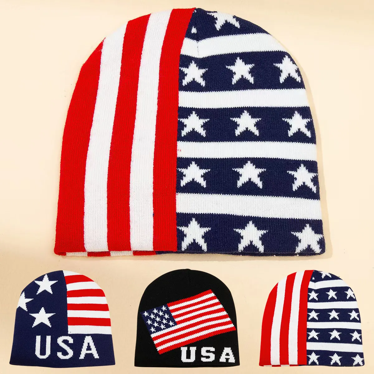 Topi Beanie Jacquard uniseks, topi Beanie musim dingin pola bintang, topi Ski dengan huruf Amerika