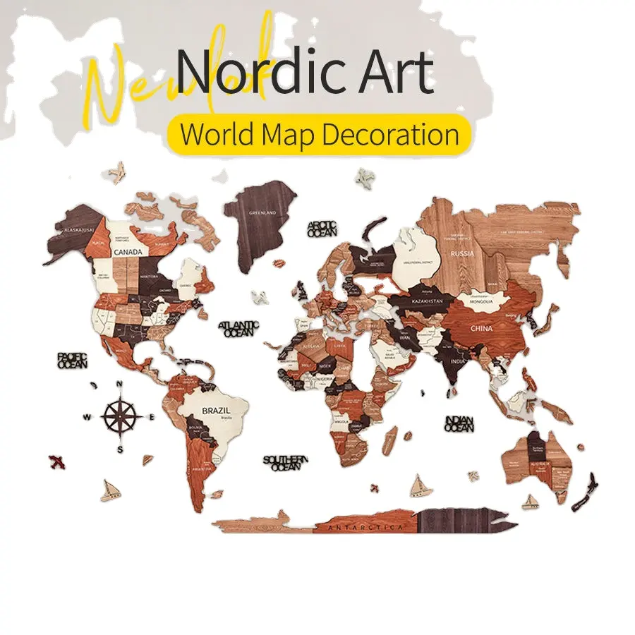 Bản đồ thế giới bằng gỗ đẩy Pin bản đồ thế giới 3D gỗ bản đồ thế giới tường nền