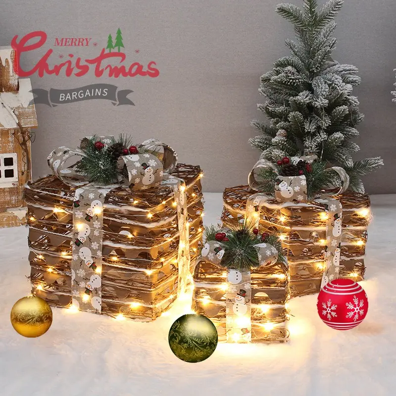 Offre Spéciale 3pcs set coffrets cadeaux lumineux en rotin de noël pour arbre de noël et vitrine