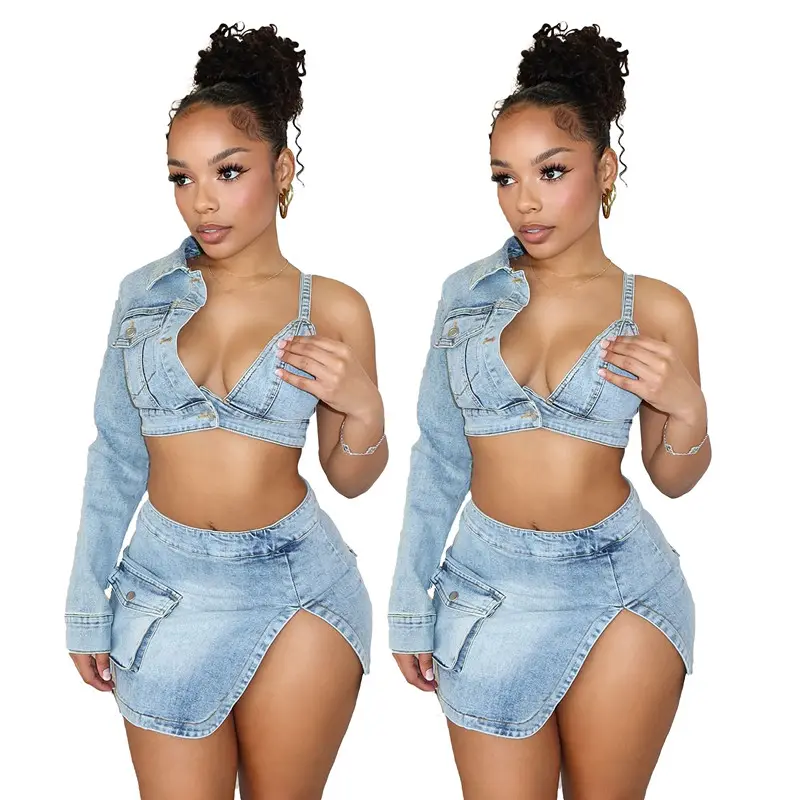 women one sleeve bra crop top split skirt two piece set fashion sexy streetwear women denim summer skirt set