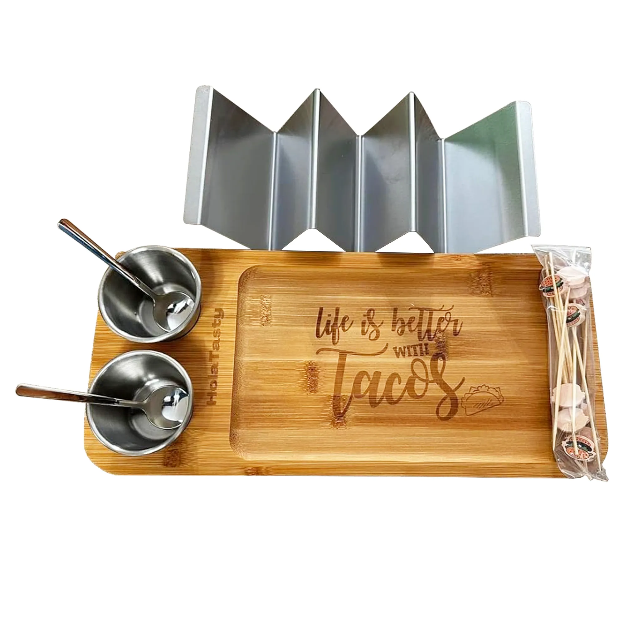 Bamboo Taco Holder Kit Set Taco Shell Stand Serving Tray and Sauce Cup Fancy Taco Presentation Rack Plate for Bar Party