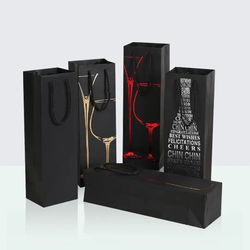 Wholesale Custom Print Logo Eco Friendly Gift Bag With Handles Red Wine Gift Paper Packing Bags