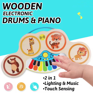 Educational Pre-School Musical Toy <strong>Keyboards</strong> 2 in 1Electronic Piano Hand Drum Wooden Musical Instrument Toy for Kids