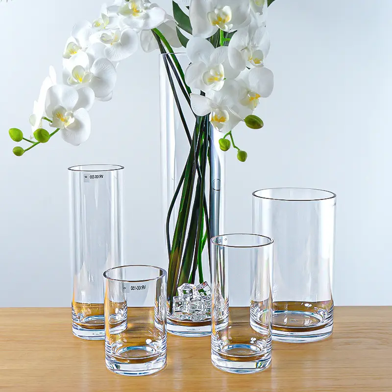 Vasos de vidro cilíndricos transparentes para barril grande, a sala de estar está equipada com vasos de vidro simples para decoração de casamentos em casa