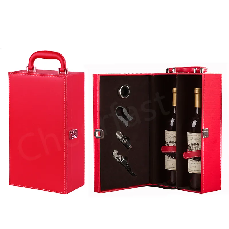 Cheerfast-Estuche de transporte de vino hecho a mano, caja de regalo de viaje y herramientas de cuero PU individual, regalo y caja de vino negra, 4 Uds.
