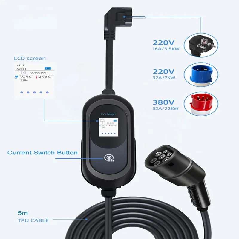 Display layar Plug Tipe 2 atau tipe 1 diakui CE 22kw 11kw 7kw 3,5 kW stasiun pengisian daya portabel