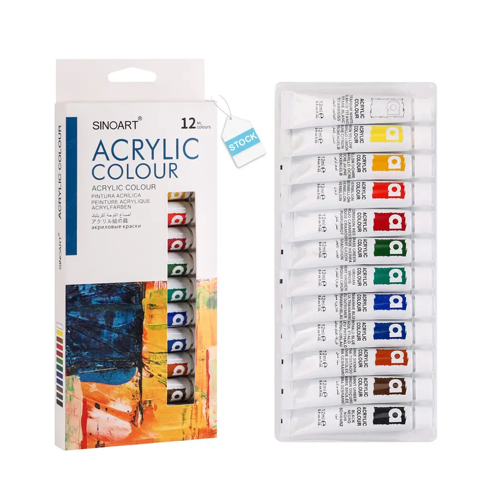 SINOART 12ml pinturas de color acrílico tubos 12 colores básicos pintura acrílica conjunto pintura acrílica profesional para peinture acrylique