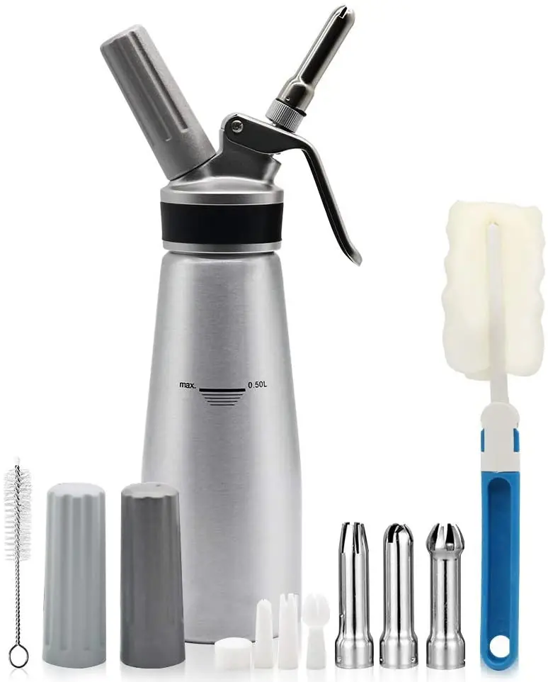 Fouet professionnel en aluminium argenté, 1 carafe de 500ML, Siphon à crème avec 3 buses de décoration