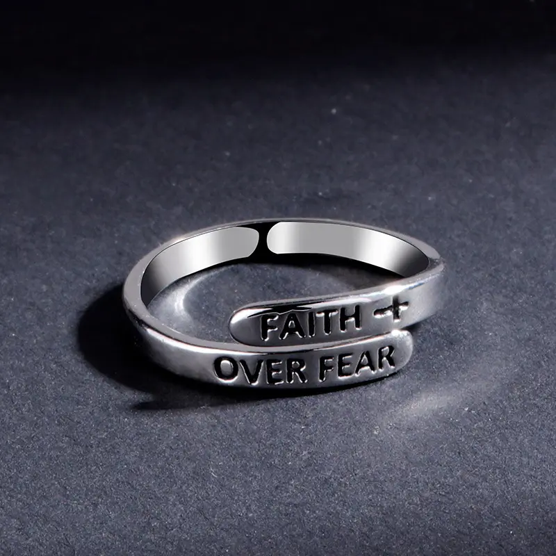 Anello con lettera croce regolabile Faith Over Fear Ring argento Inspirational Jewelry Gifts Vintage Faith anello religioso uomo donna Teen