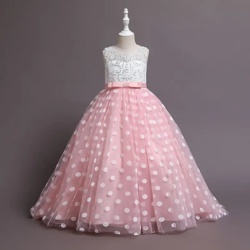 Винтажное кружевное платье с цветочной аппликацией, детское длинное платье в горошек с цветочным бисером, платья со шлейфом, праздничное платье принцессы из тюля для девочек/