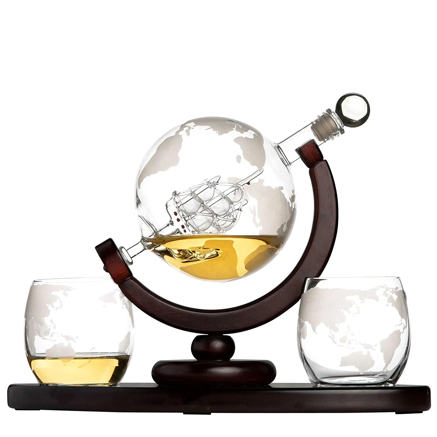 Juego de decantador de Whisky, 850ml, 28oz, decantador de licor, decantador de globo grabado en el mundo, con vaso de vidrio artesanal