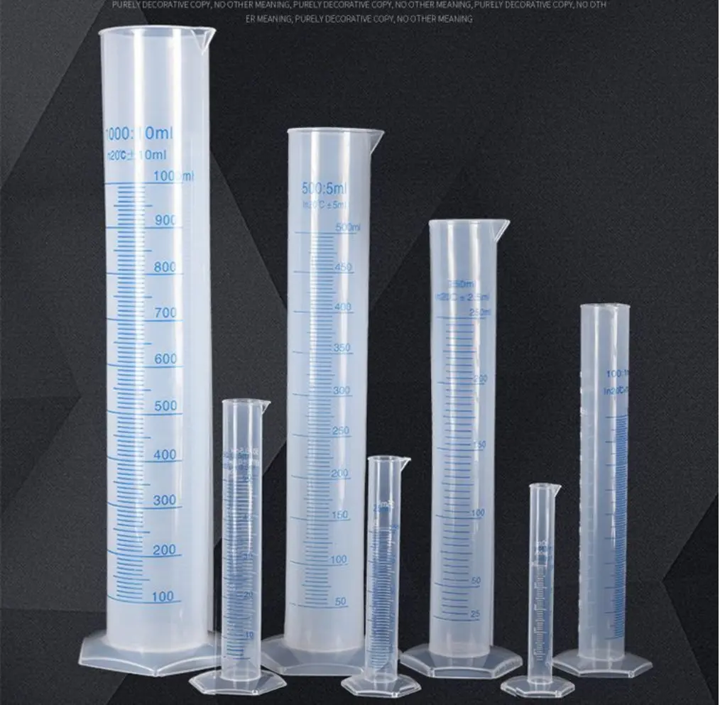 Laboratorio 10ml 25ml 50ml 100mL 250ml 500ml 1000ml tamaños graduado plástico usa función cilindro de medición