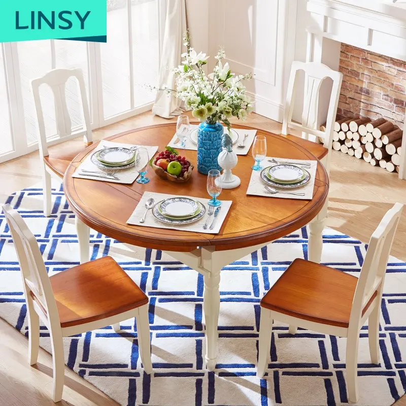 Linsy Ronde Uitschuifbare Houten Eettafel Sets Luxe Massief Hout Europese Opvouwbare Eettafel En Stoelen Voor Eetkamer LSN2R