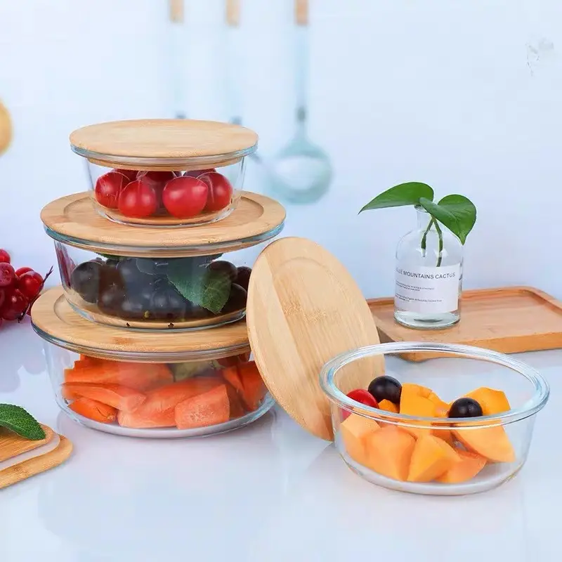 Großhandel mikrowellen geeignete Boro silikat glas Lebensmittel Vorrats behälter Lunchbox mit Holz bambus deckel