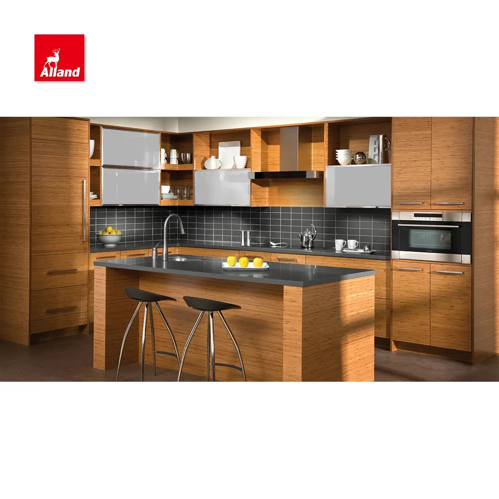 Allandcabinet legno impiallacciatura finitura cucina moderna Design mobile lastra cucina armadio mobili cucina scaffali aperti armadi da cucina