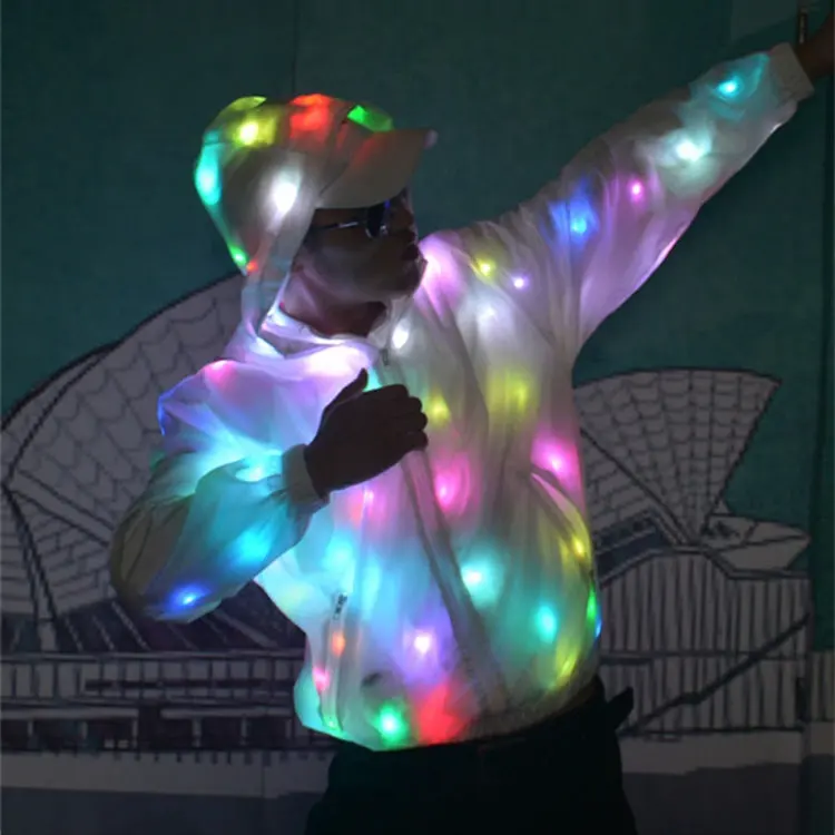LED Flash Light Up Rave Giacca Felpe Con Cappuccio di Baseball di Sport Outwear Del Partito Del Costume del Vestito Operato Bianco Per Le Donne Degli Uomini