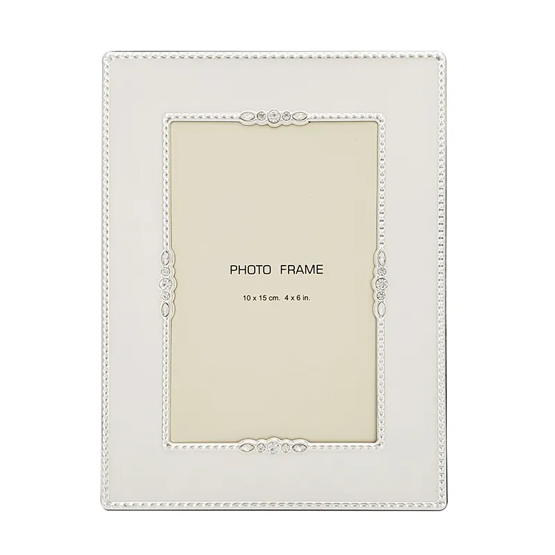 4x6 Enamel Jeweled Picture Frame Silver Plated Photo Frame with Cream Enamel Detailing Decorative