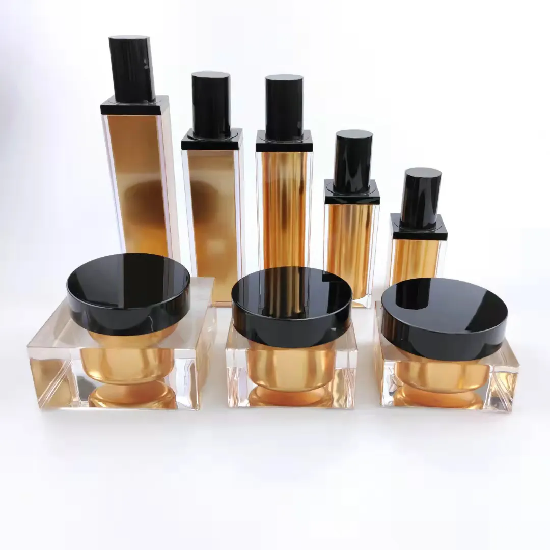 Ensemble de bouteilles sous vide et pompe pour lotion acrylique, pots de cosmétiques haut de gamme, carrées et remplaçables, de couleur marron