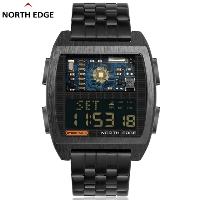 NORTH EDGE-Reloj inteligente digital para hombre, reloj deportivo de metal estilo industrial retro, con interruptor de luz automático, Cyber Tank, Hora Mundial