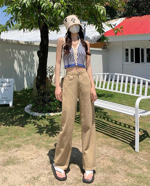 Cor calças perna larga das mulheres cintura alta sag 2022 primavera/verão skinny calça jeans perna reta americana alta rua calças cor