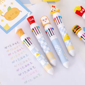 10合1多色钢笔卡通片汉堡披萨聚氯乙烯顶头圆珠笔定制标志多色10色圆珠笔