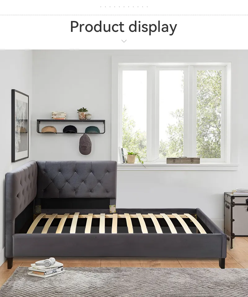 Cómodo marco de cama de tela con hebilla, cama de tablero de pared de madera maciza de lujo ligero de estilo americano, cojín suave de dormitorio de lujo