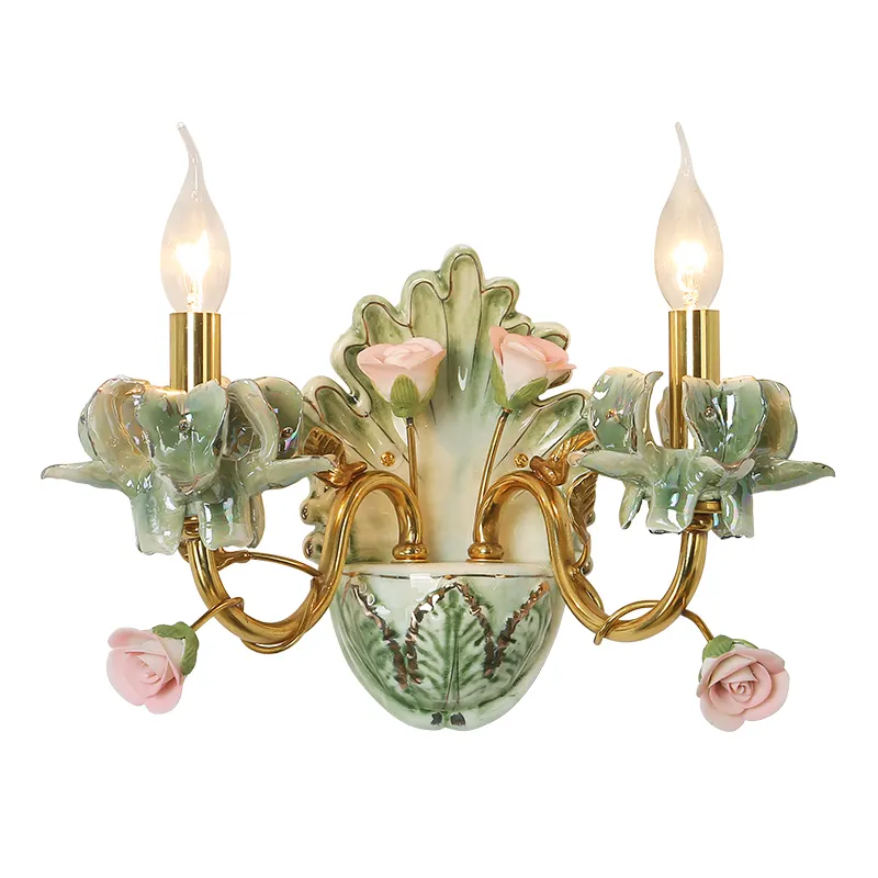 2 Lights Elegant Porcelain Green Ceramic Wall Lamp With Porcelain Flower For Art Decor Wall Sconce