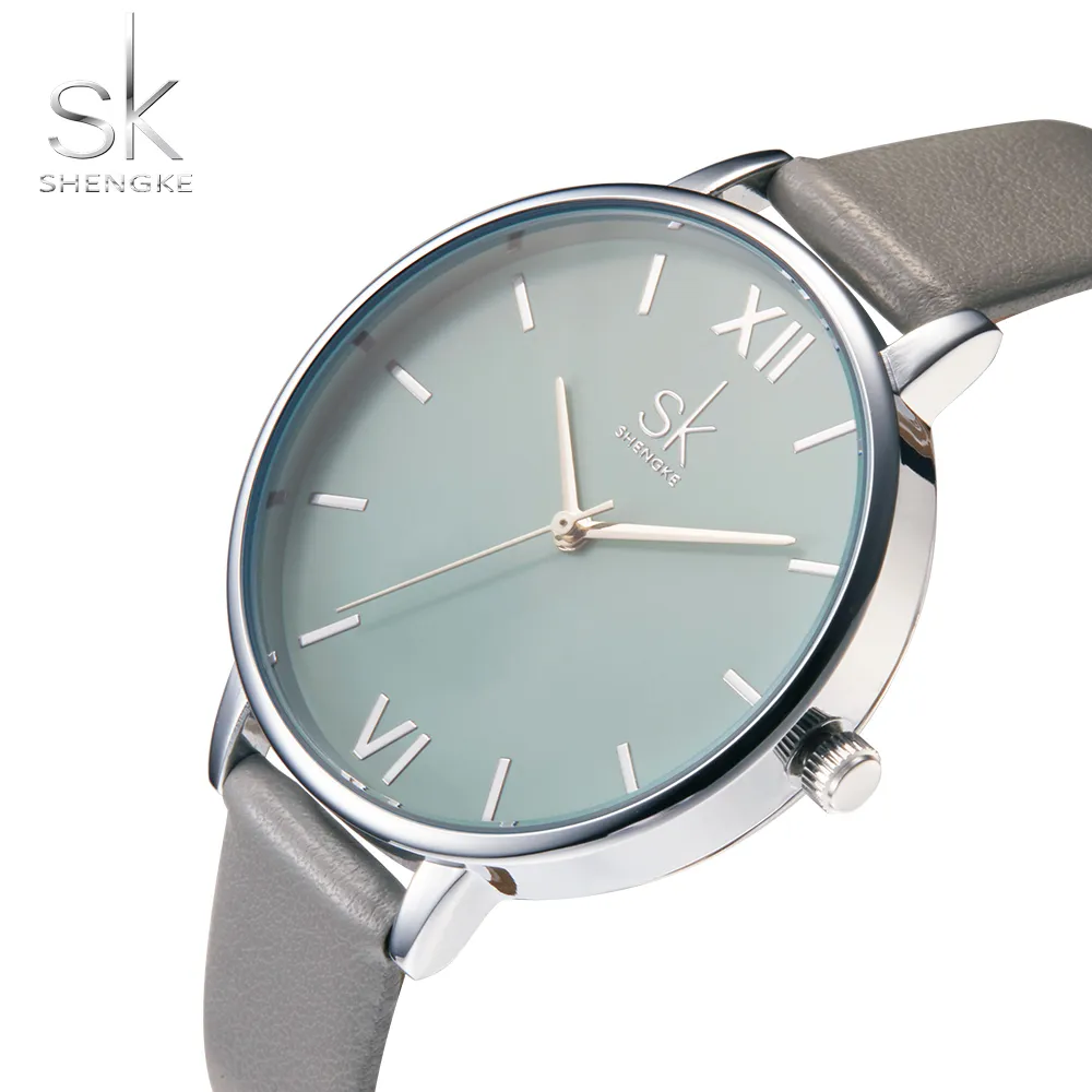 SK K0056 간단한 디자인 숙녀 회색 가죽 밴드 석영 시계 하늘색 다이얼 손목 시계