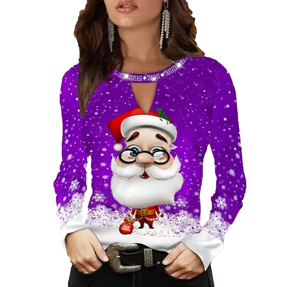 T-shirt da donna a maniche lunghe con stampa di fiocco di neve di natale con stampa babbo Claus abbigliamento Casual nuovo anno costumi natalizi