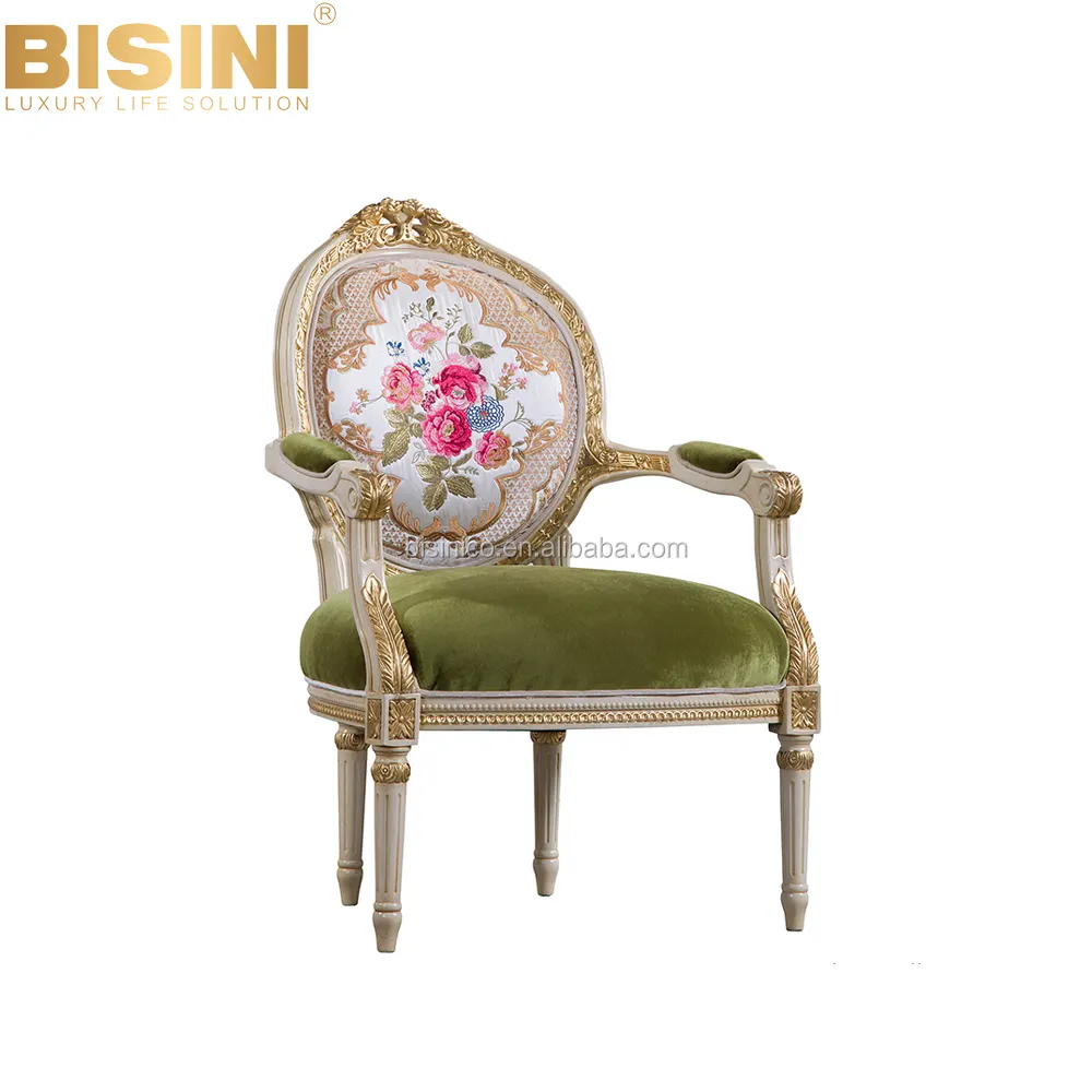 BISINI Luxury Retro European Classical One Seat Sofa, Royal Fabric Hand Carved Sofa Design for House