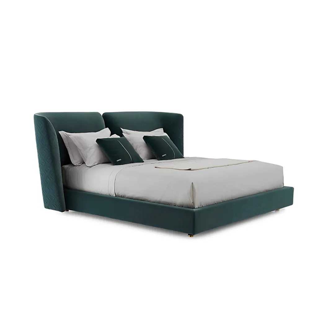 Diseño italiano cama de terciopelo verde Marco de cama king size villa de lujo apartamento muebles de dormitorio