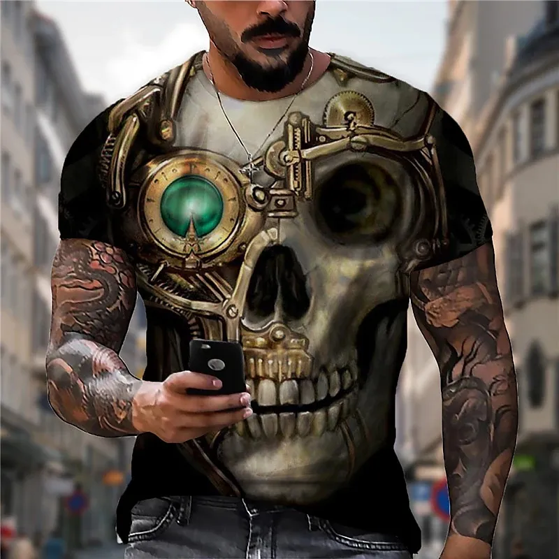 Camiseta masculina de grandes dimensões personalizada com gola redonda e caveira estampada em 3D para roupas de manga curta estilo punk rock