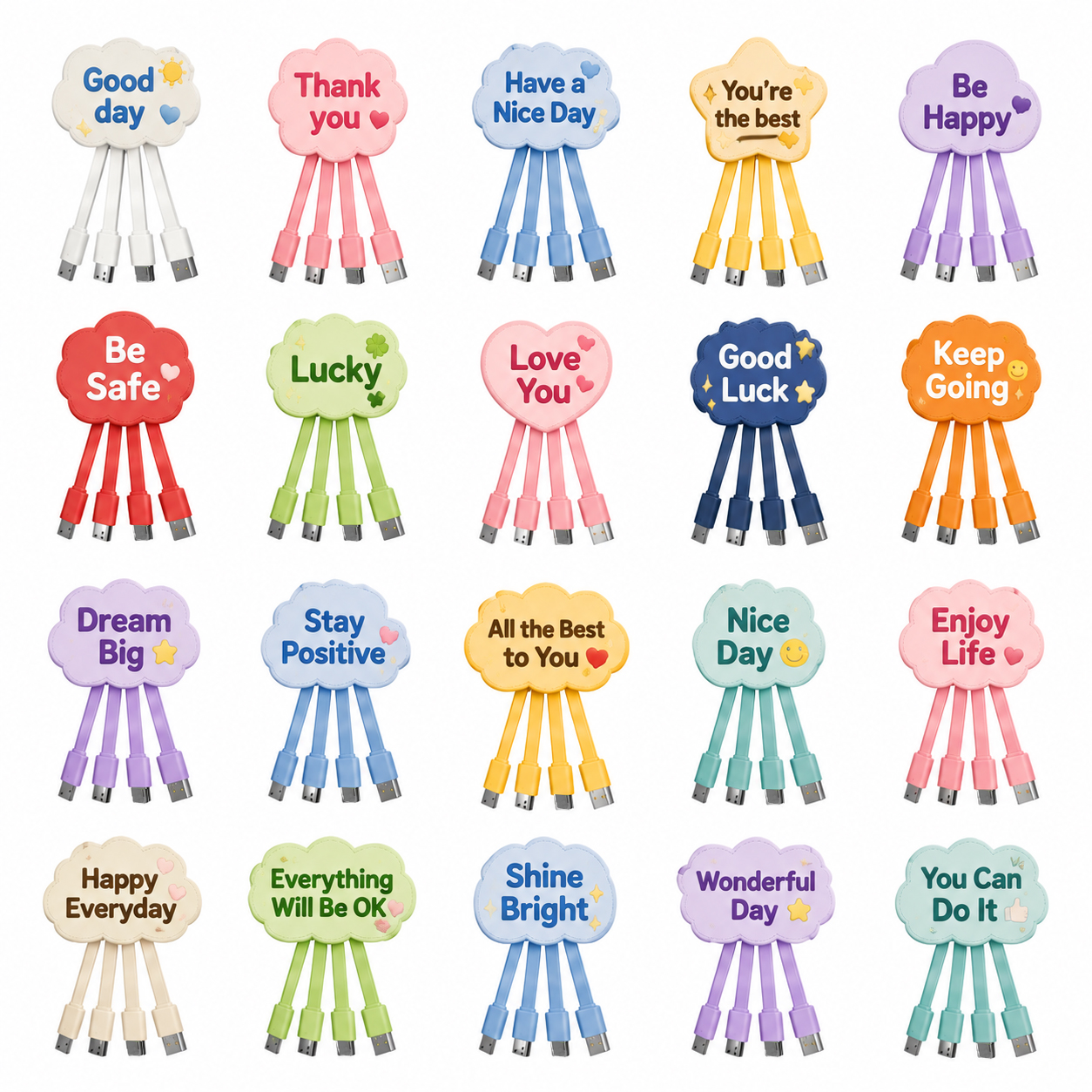 Cable de carga USB con forma de texto personalizado dorado