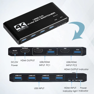 Conmutador KVM HDMI USB 3,0, conmutador HDMI de 2 puertos, compatible con 2 ordenadores, 4 USB3.0 y 1 salida de Puerto HDMI2.0b