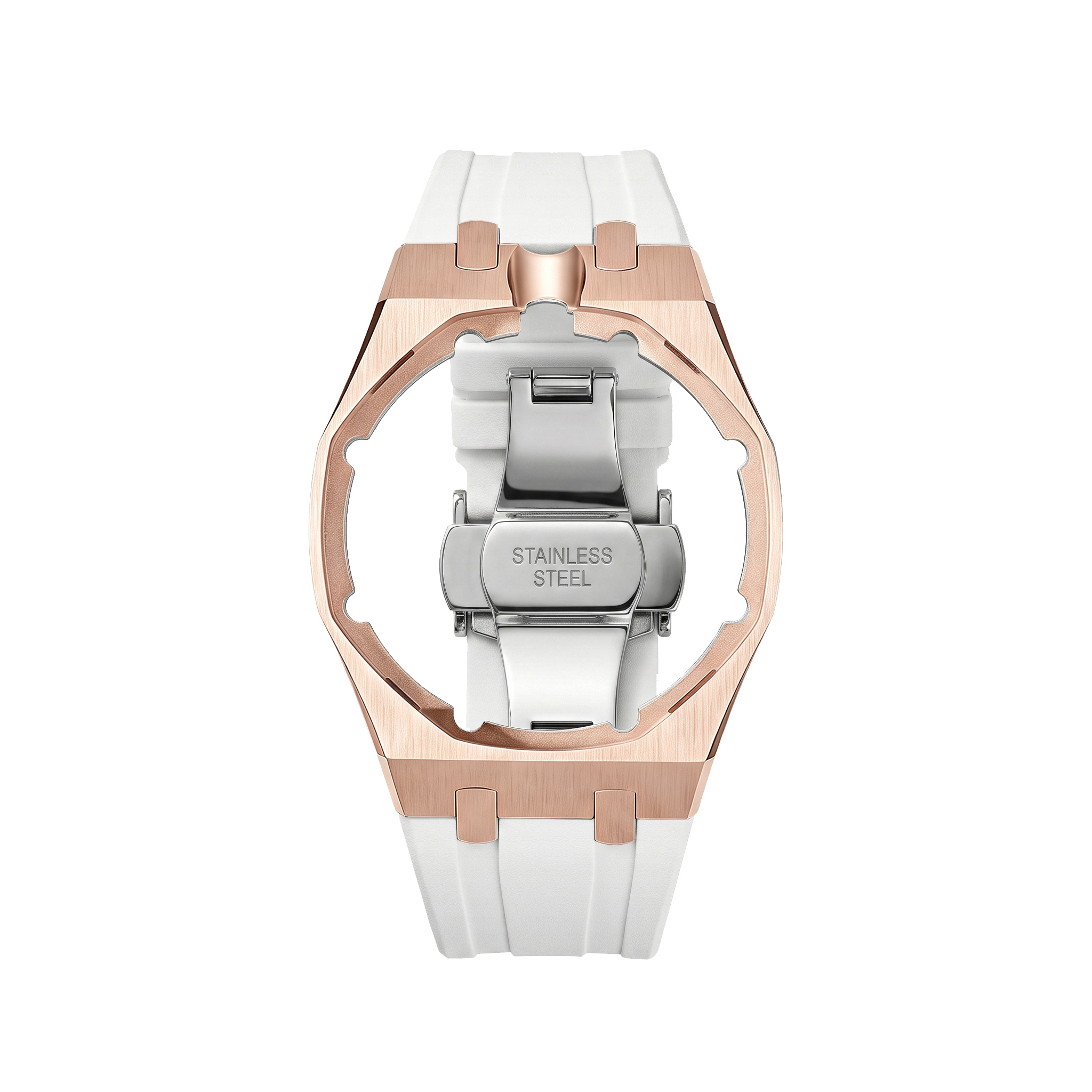 Boîtier en acier inoxydable or rose + bracelet en silicone blanc