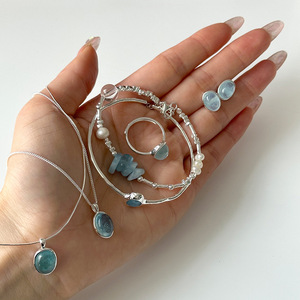 Aquamarine Natural Stone 925 Silver <strong>Chain</strong> Necklace Bracelet Ring Set Korean French Fashion Elegant Jewelry for Women