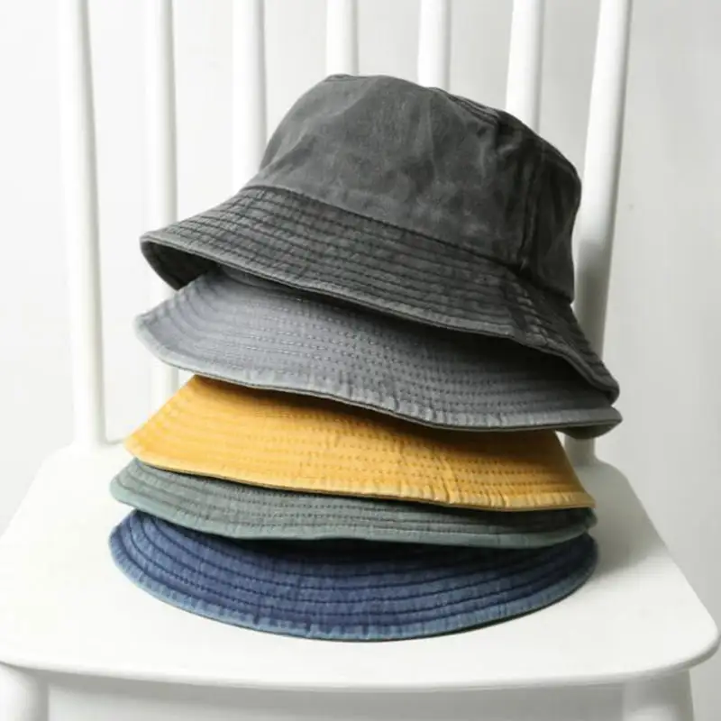Özel büyük ağız vintage balıkçı kova şapka siyah mavi yıkanmış kot denim kova şapka kadın erkek için