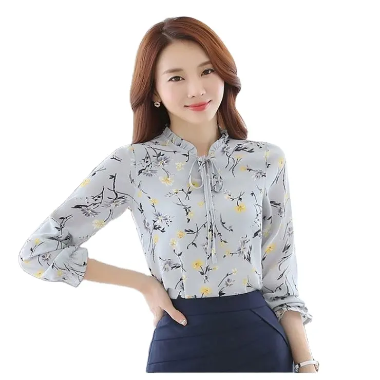 Blusa de primavera, blusa de manga longa estampada, para primavera, plus size, solta, de chiffon, roupas coreanas